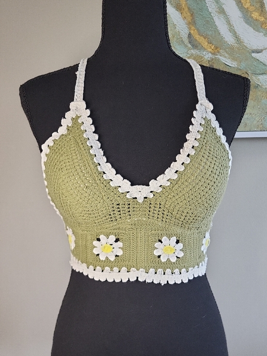 The Unbranded Brand Tops - Olive Green Crochet Daisy Bralette Top‎